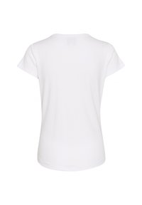 Jednoduché biele tričko s krátkym rukávom, zobrazené zozadu, s okrúhlym výstrihom a mierne zaobleným spodným lemom.