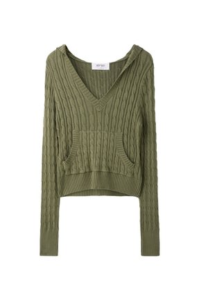 Stradivarius, HOODED CABLE-KNIT JUMPER - Sweat à capuche - khaki