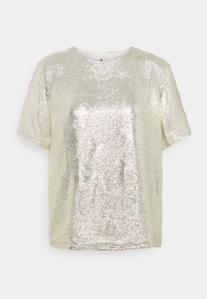 Camicia a maniche corte in tessuto dorato metallico con superficie strutturata. Design semplice con scollo rotondo e vestibilità rilassata.