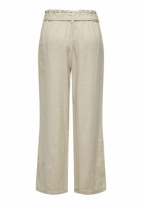 Béžové lněné kalhoty s širokým nohavicovým designem, se zdobeným pasem a jemnou texturou. Rovný střih, bez viditelných kapes.