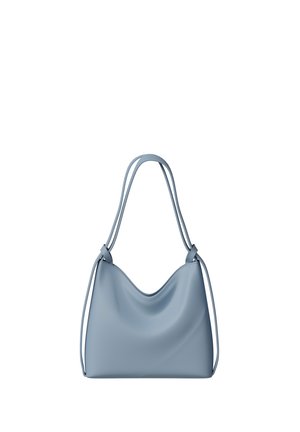 Soft blue leather shoulder bag with dual slim straps and a slouchy, rounded rectangular shape.