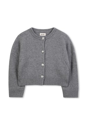 Grijze cropped button-up cardigan met geribde manchetten en zoom, ronde halslijn en decoratieve zilveren knopen.