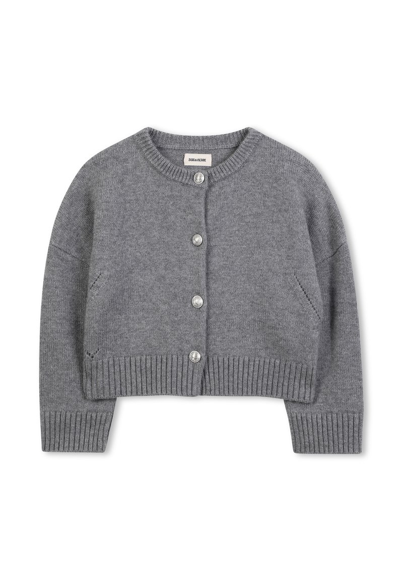 Grijze cropped button-up cardigan met geribde manchetten en zoom, ronde halslijn en decoratieve zilveren knopen.