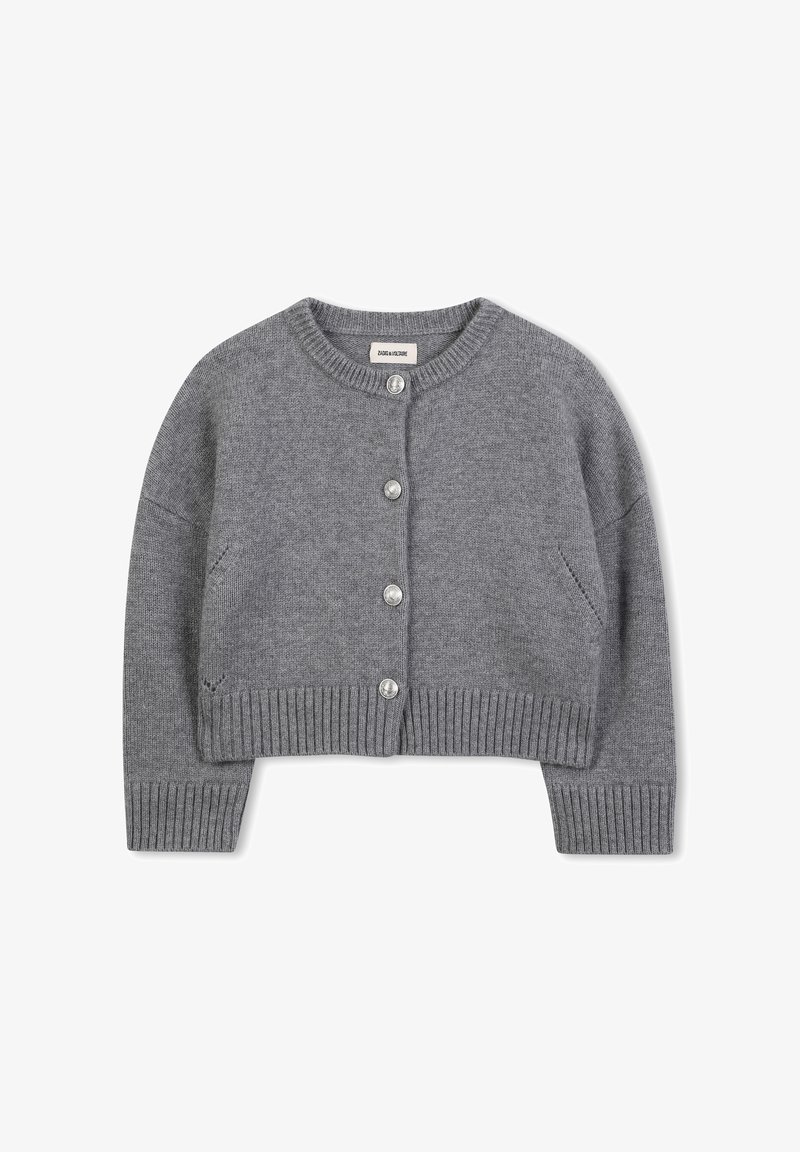 Grijze cropped button-up cardigan met geribde manchetten en zoom, ronde halslijn en decoratieve zilveren knopen.