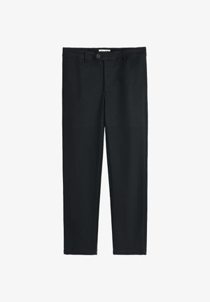 Pantalon noir en tissu lisse, avec une coupe droite, une fermeture à boutons sur le devant et deux poches latérales.