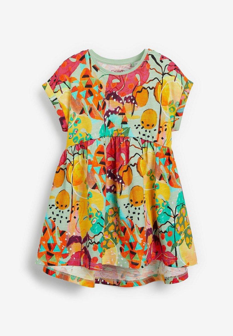 Robe colorée à manches courtes avec un col rond. Présente un motif de fruits multicolores et géométriques sur un fond vert clair.