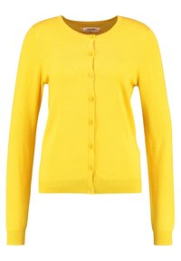 Žlutý cardigan vyrobený z jemného materiálu, s kulatým výstřihem, dlouhými rukávy, zapínáním na knoflíky a žebrovaným lemem se shodnými knoflíky.