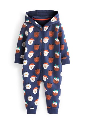 Une combinaison zippée bleu marine avec un motif de visages de Santa, de rennes, de bonhommes de neige et de puddings de Noël dans différentes couleurs. Tissu doux, design à capuche.