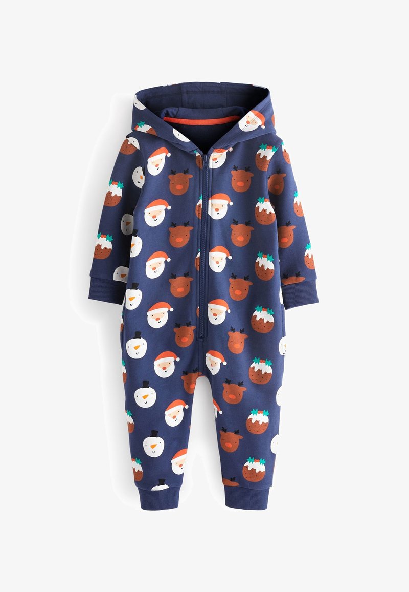 Mono con cremallera de color azul marino que presenta un patrón de caras de Santa, renos, muñecos de nieve y puddings navideños en varios colores. Tejido suave, diseño con capucha.