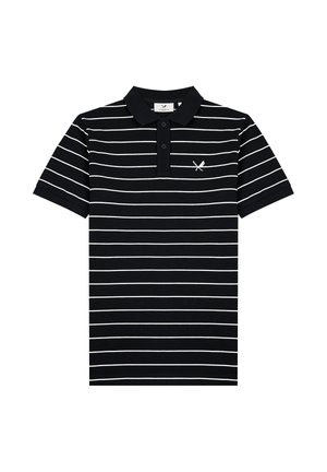 Black short-sleeve polo shirt with white horizontal stripes and a buttoned placket, featuring a small crossed bats logo on the left chest.