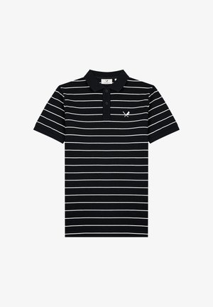Black short-sleeve polo shirt with white horizontal stripes and a buttoned placket, featuring a small crossed bats logo on the left chest.