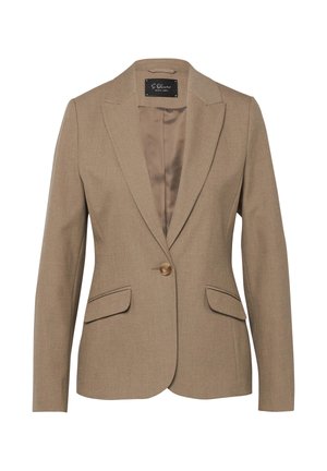 Veste blazer marron clair sur mesure avec fermeture à un bouton, revers crantés, poches à rabat et doublure intérieure lisse.