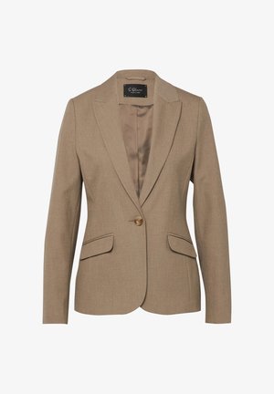 Veste blazer marron clair sur mesure avec fermeture à un bouton, revers crantés, poches à rabat et doublure intérieure lisse.