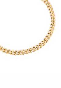 Guldhalsband med sammanlänkade länkar och rosa emaljdetaillering. Slät yta, blank textur och enhetlig tjocklek genomgående.