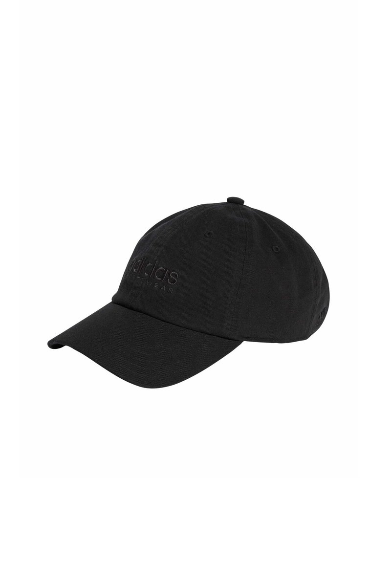 Cappello nero in cotone con corona arrotondata, visiera curvata e logo ricamato tono su tono sul davanti. Presenta fori di ventilazione sui lati.