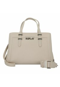 Borsa a spalla beige con doppi manici e una tracolla rimovibile. Presenta un logo "REPLAY" prominente e dettagli cuciti. Materiale sintetico liscio.