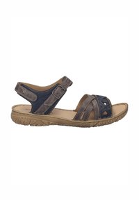 Sandale à bout ouvert marron et bleu marine avec bride ajustable à la cheville et semelle texturée, conçue pour un confort et un soutien décontractés.