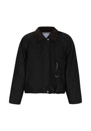 Schwarze Jacke mit einem braunen Cordkragen, Reißverschlusstasche auf der Brust und elastischem Saum. Verfügt über einen Knopfverschluss und Seitentaschen.