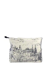 Katoenen ritsetui met een witte achtergrond, voorzien van een zwarte lijntekening van historische gebouwen en monumenten. Versterkt met een gestructureerd oppervlak.