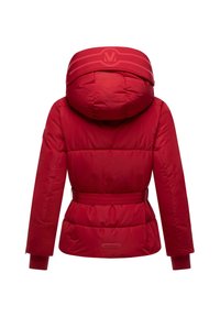 Red puffer jacket with a large hood, belted waist, and ribbed cuffs. Features a logo on the hood and a smooth, glossy finish.