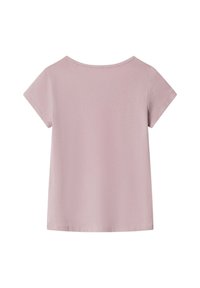 Švelnus rožinis trumpas rankovėmis marškinėliai su apvaliu iškirpimu, pagaminti iš lengvos medžiagos, turintys laisvą siluetą ir vientisą nugaros dizainą.