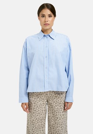 Woman standing facing forward wearing a blue and white vertical striped button-up shirt and beige leopard print pants.