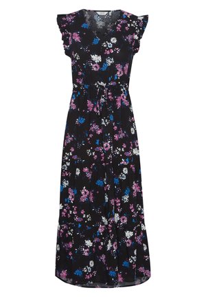 Schwarzes Maxikleid mit kurzen, Rüschensleeves, das eine Taillenschnürung aufweist und eine Mischung aus rosa, blauen und weißen Blumen auf einem dunklen Hintergrund zeigt.