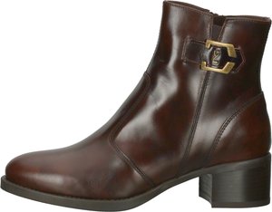Bottines en cuir brun à bout rond, avec fermeture éclair sur le côté et une accentuation en boucle en métal doré. Elles disposent d'un talon bloc bas et d'une texture lisse.
