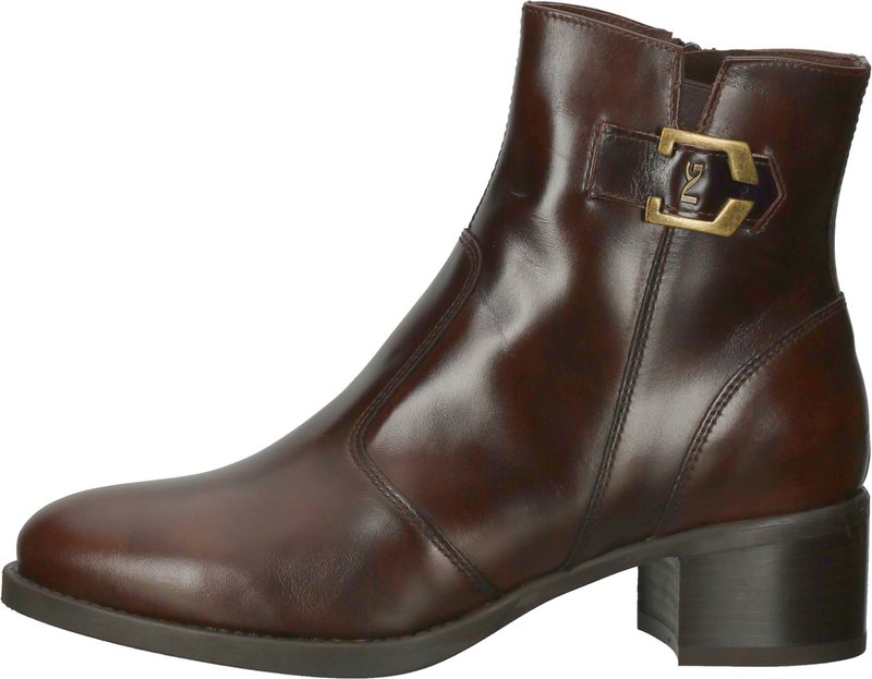 Braune Leder-Ankle-Boots mit einer abgerundeten Zehe, seitlichem Reißverschluss und einem goldenen Hardware-Schnallenakzent. Ausgestattet mit einem niedrigen Blockabsatz und glatter Textur.