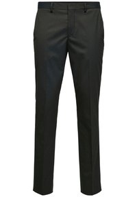Black trousers with a tailored design, made of a smooth fabric; features a flat front, belt loops, and two side pockets.