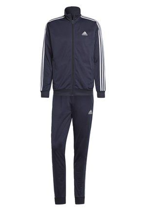 Navy tracksuit made of soft, lightweight fabric. Jacket has a zip front, high collar, and white three-stripe accents on sleeves.