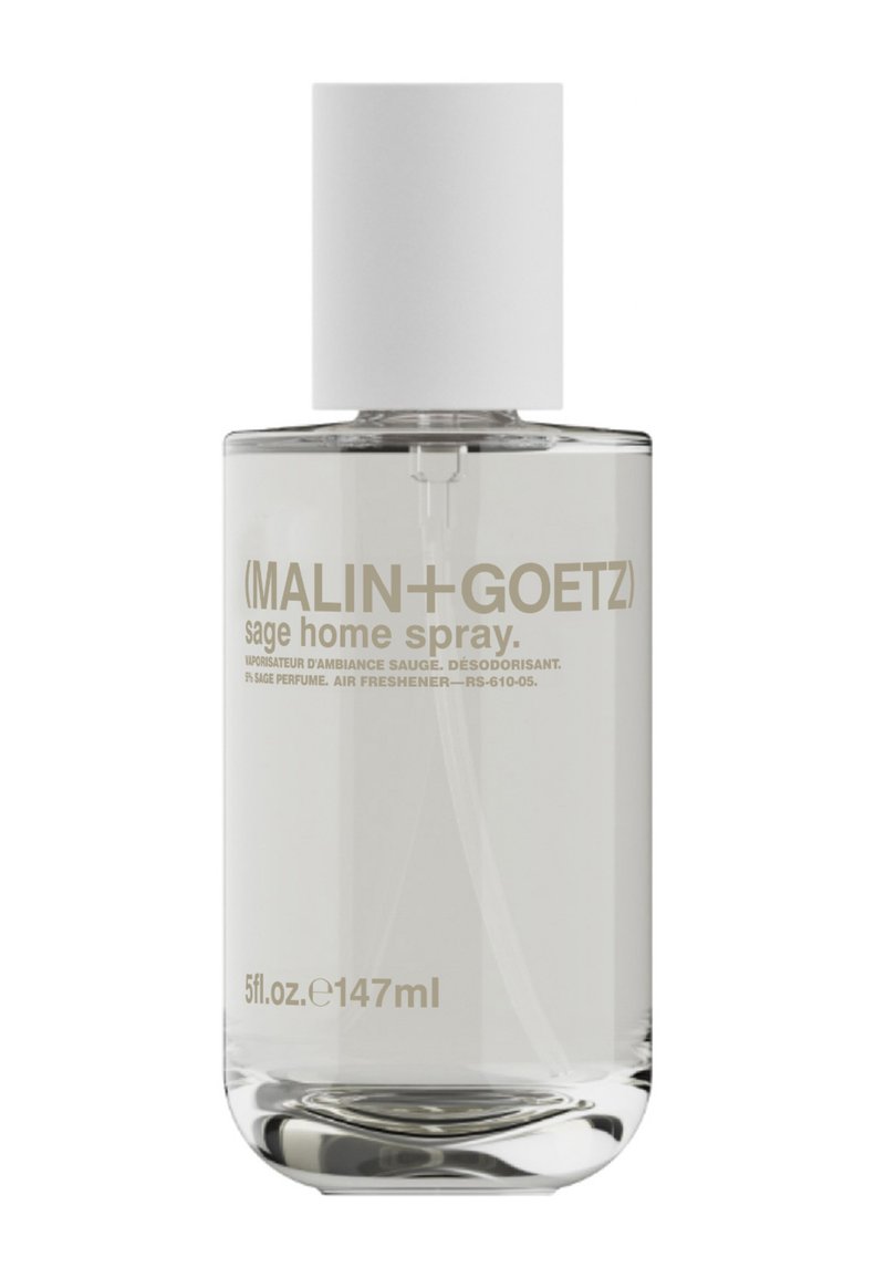 Klare Glasflasche mit einem weißen Deckel. Das Etikett enthält den Text „(MALIN+GOETZ) Salbei Raumspray“ in hellem Beige. Enthält 147 ml Flüssigkeit.