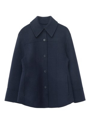 Navy wool coat featuring a broad collar, long sleeves, and a button-down front. Textured fabric with two side pockets.