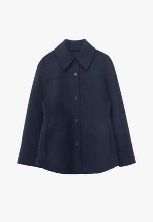 Navy wool coat featuring a broad collar, long sleeves, and a button-down front. Textured fabric with two side pockets.