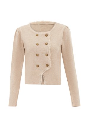 Beige Langarm-Cardigan mit rundem Halsausschnitt, mit einem fransigen Rand und sechs goldfarbenen Knöpfen auf der Vorderseite. Weicher, strukturierten Stoff.