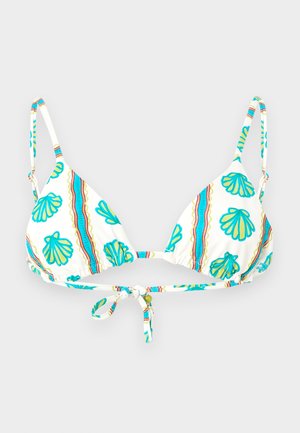 Haut de bikini triangle blanc avec motifs coquillages bleus et verts et rayures verticales colorées, avec bretelles ajustables et fermeture à nouer.