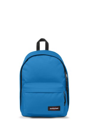 Blue nylon backpack with a front zip pocket, black accents, and a top handle, featuring a rounded shape and adjustable shoulder straps.