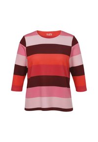 Gestreepte t-shirt in tinten van roze, rood en bordeaux. Heeft een ronde hals en driekwart mouwen, gemaakt van zachte, rekbare stof.