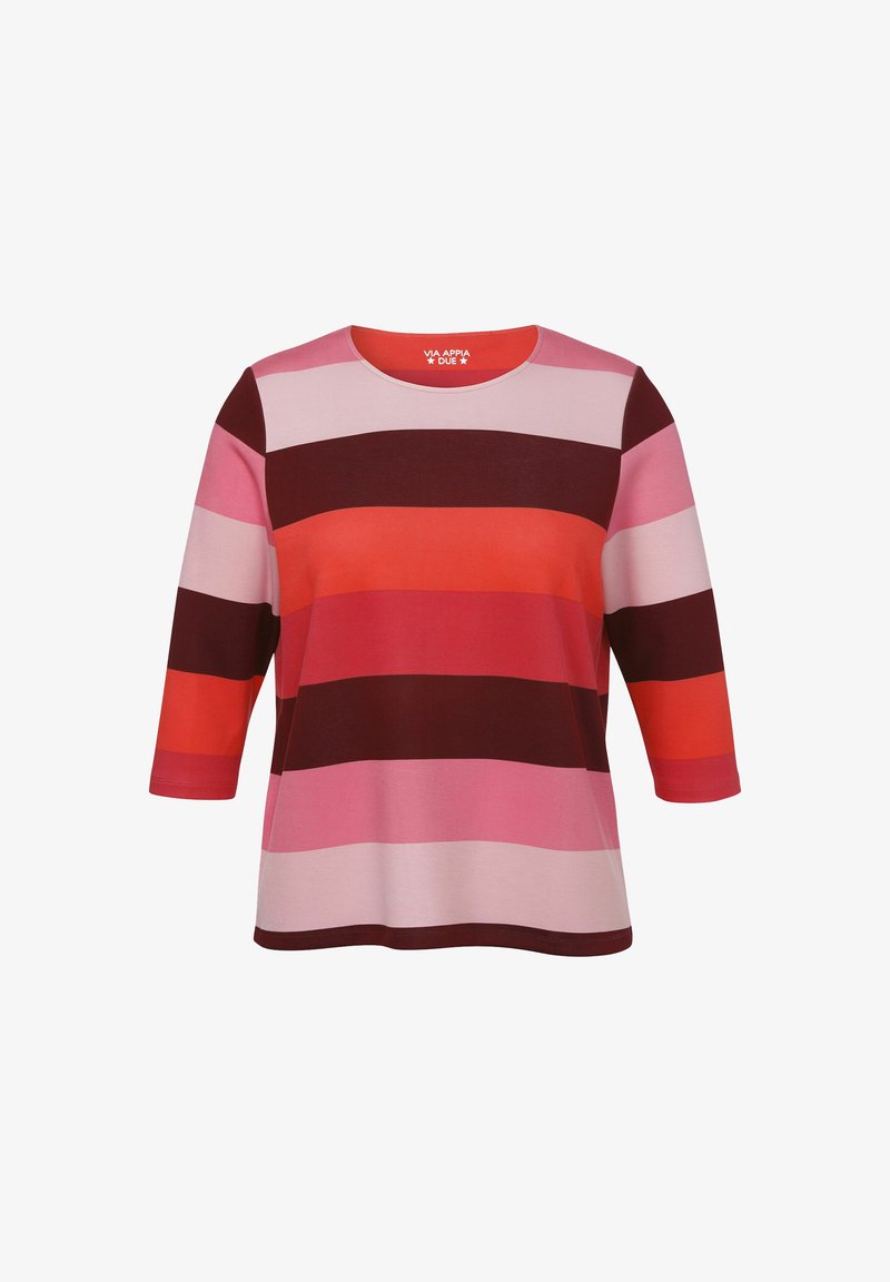 Gestreiftes T-Shirt in Rosa-, Rot- und Bordeauxtönen. Mit einem runden Ausschnitt und Dreiviertelärmel, aus weichem, dehnbarem Stoff gefertigt.