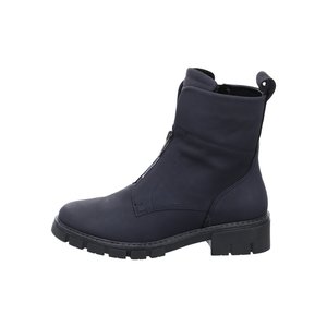 Black mid-calf boot with side zipper, rounded toe, pull tab at the back, and thick treaded sole for grip and durability.
