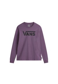 Långärmad lila bomullströja med en svart "VANS"-logotyp över bröstet, rund halsringning och åtsittande ärmmuddar. Mjuk textur.