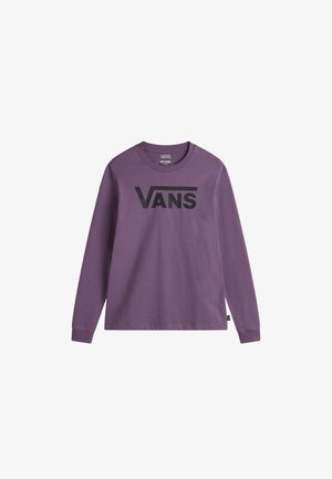 Pitkähihaisessa violetissa puuvillapaidassa on musta "VANS"-logo rinnassa, pyöreä kaula-aukko ja istuvat hihansuut. Sileä pinta.