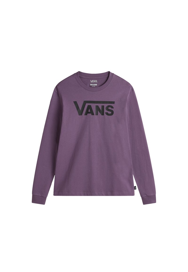 Långärmad lila bomullströja med en svart "VANS"-logotyp över bröstet, rund halsringning och åtsittande ärmmuddar. Mjuk textur.