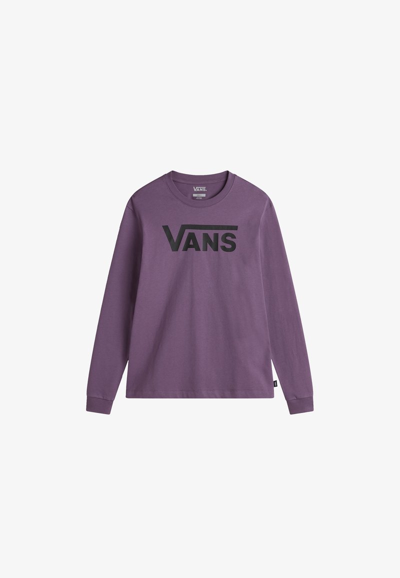 Camiseta de manga larga de algodón morado con un logo negro de "VANS" en el pecho, cuello redondo y puños ajustados. Textura suave.