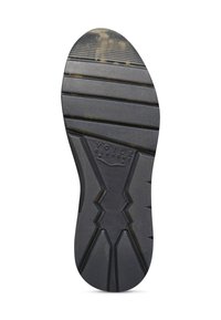 Sole in gomma nera con righe orizzontali e diagonali, dotata di una superficie testurizzata e di un logo distintivo per una maggiore efficienza di presa.