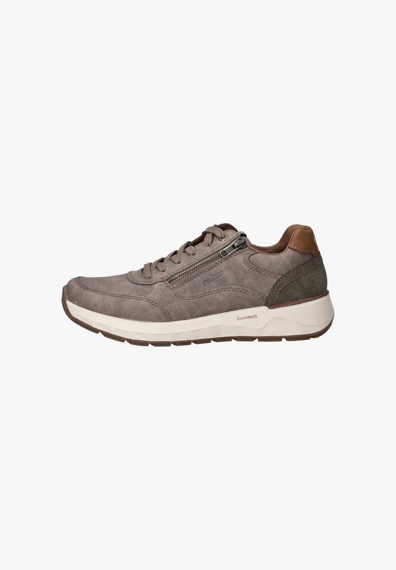 Baskets grises décontractées avec laçage avant, fermeture éclair latérale, semelle rembourrée et panneau de talon texturé.