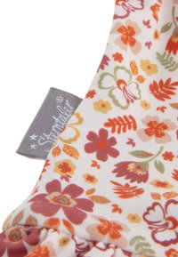 Stoff mit Blumenmuster in Créme mit orangefarbenen, rosa und grünen Blumen. Verfügt über eine Rüsche und ein graues Markenetikett.