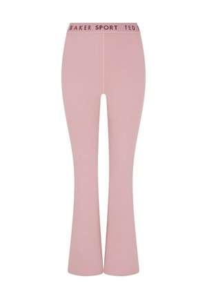 Ružové rozšírené legíny vyrobené z elastického materiálu, s kontrastným nápisom "BAKER SPORT" na páske a hladkou textúrou.