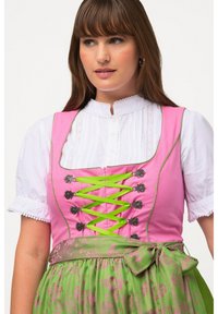 Abito tradizionale dirndl con corsetto rosa e lacci verdi, accessori in argento e gonna floreale verde. Tessuto strutturato con dettagli delicati.