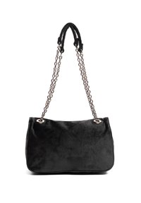 Schwarze Samt-Tote-Tasche mit glatter Textur, ausgestattet mit doppelten Metallkettenhenkeln und silbernen Akzenten an den Ösen. Schlichte, rechteckige Form.